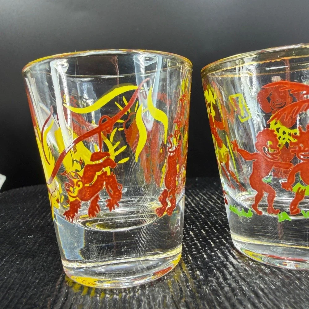1950s Tiki Shot Glass Set 2 Bottoms Up Heres Looking At You Gold Rim Tropical - Picture 8 of 12